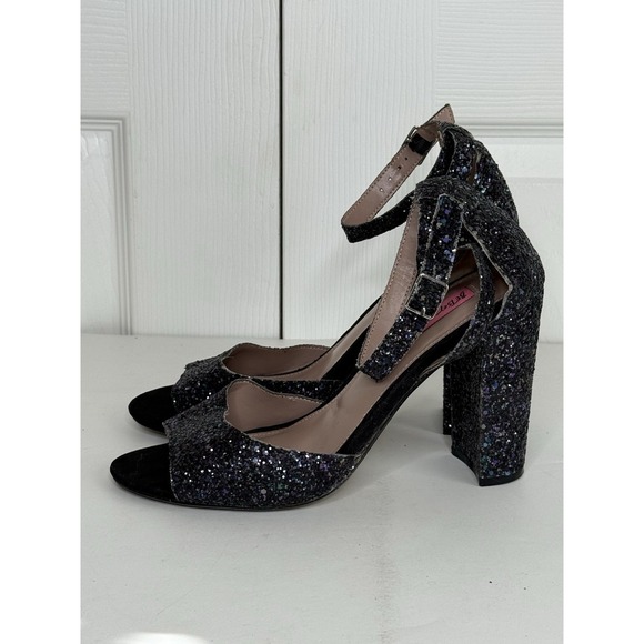 Betsey Johnson Shoes - Betsey Johnson Glissten Black Glitter Heels Peep Toe Adjustable Ankle Strap Sz 9